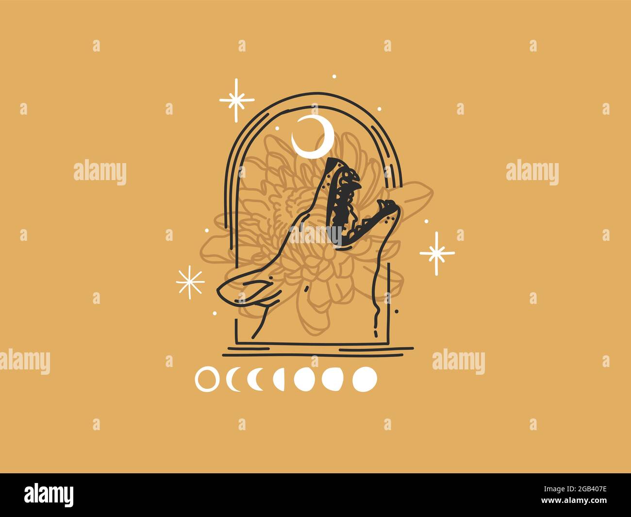 Illustrazione grafica piatta del vettore astratto disegnata a mano con elementi del logo, testa del lupo urlante e arte della linea magica della luna in stile semplice per marcare a caldo Illustrazione Vettoriale