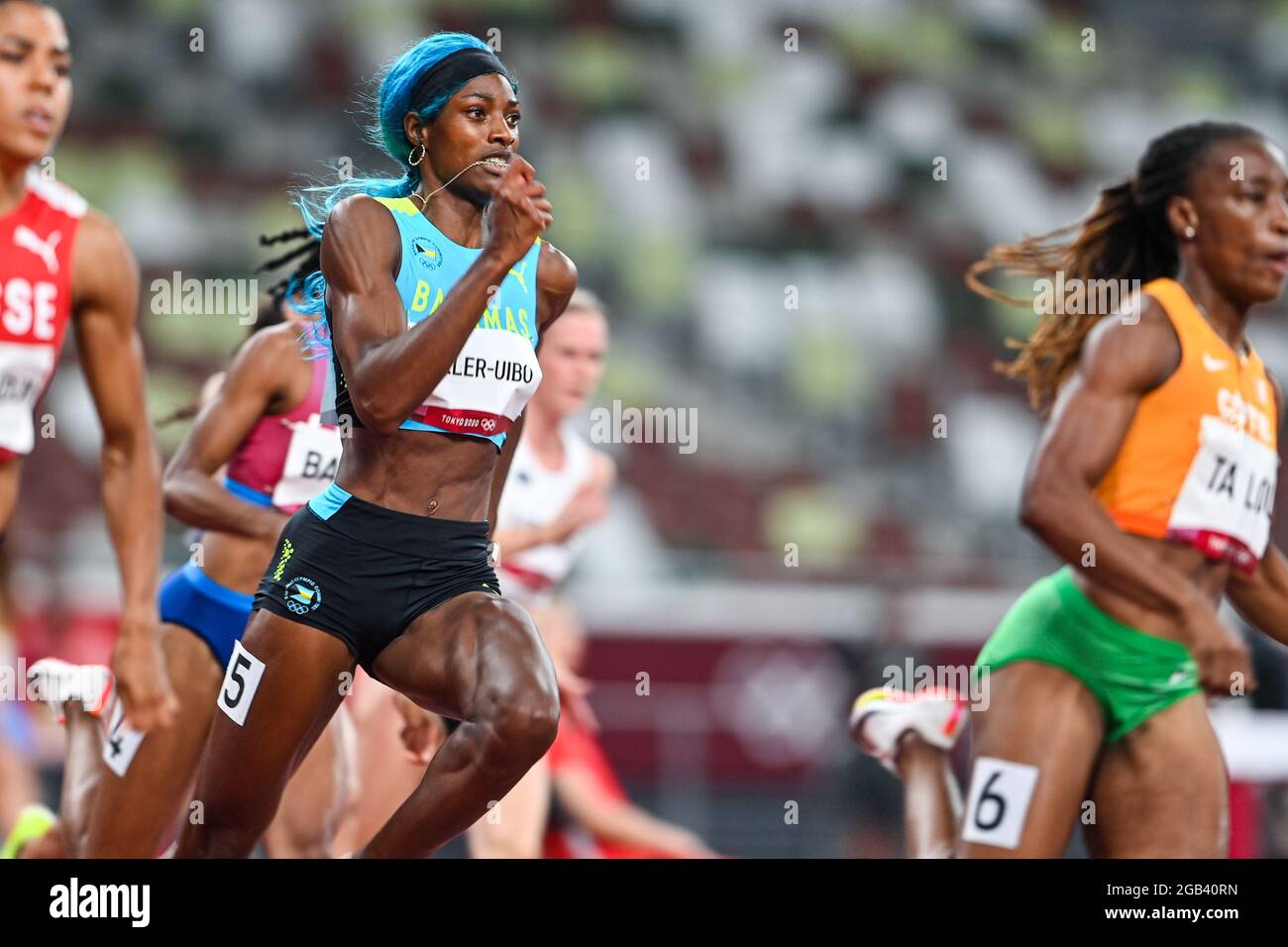 Tokyo, Giappone. 02 agosto 2021. TOKYO, GIAPPONE - 2 AGOSTO: Shaunae Miller Uibo delle Bahamas in gara sulla Semifinale femminile di 200m durante i Giochi Olimpici di Tokyo 2020 allo Stadio Olimpico il 2 agosto 2021 a Tokyo, Giappone (Foto di Andy Astfalck/Orange Pictures) Credit: Orange Pics BV/Alamy Live News Foto Stock