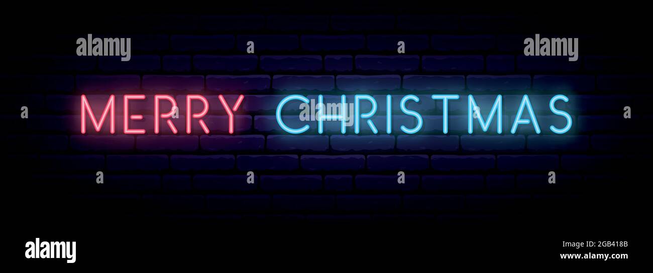 Buon segno di Natale al neon. Banner luminoso orizzontale lungo. Segnale luminoso vettoriale. Illustrazione Vettoriale