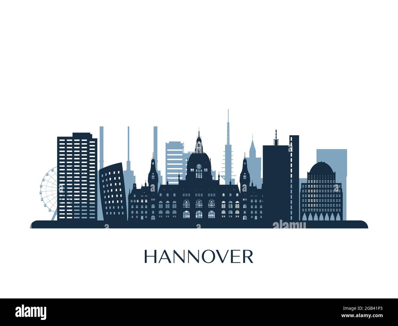 Skyline di Hannover, silhouette monocromatica. Illustrazione vettoriale. Illustrazione Vettoriale