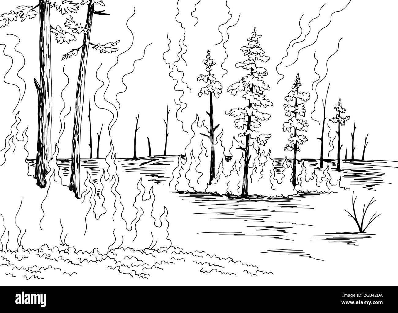 Wildfire grafico bianco nero foresta fuoco paesaggio disegno vettore Illustrazione Vettoriale