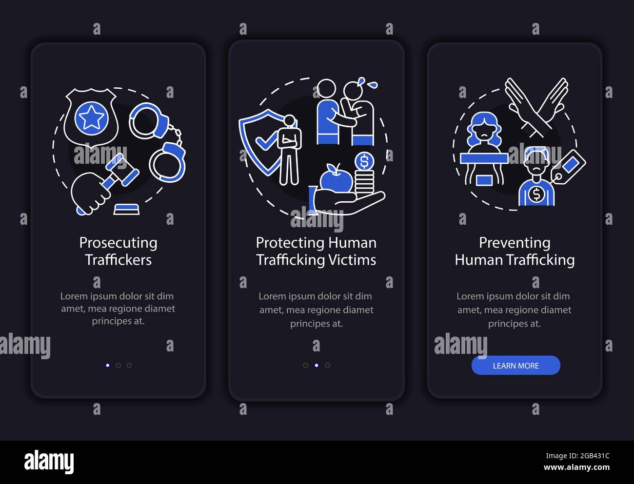 Schermata della pagina dell'app mobile di onboarding oscura anti-traffico Illustrazione Vettoriale