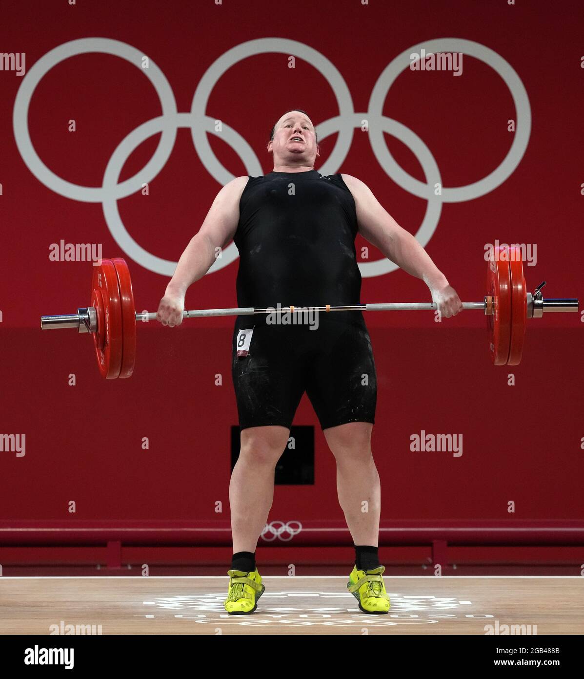 Laurel Hubbard della Nuova Zelanda nel Gruppo A delle Donne +87kg sollevamento pesi al Forum internazionale di Tokyo il decimo giorno dei Giochi Olimpici di Tokyo 2020 in Giappone. Data immagine: Lunedì 2 agosto 2021. Foto Stock