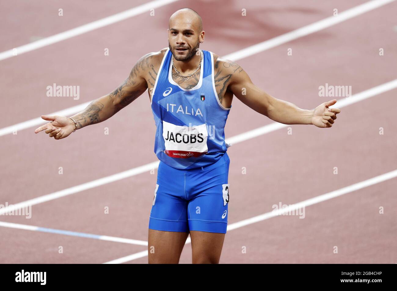 JACOBS Lamont Marcell (ITA) Medaglia d'oro durante i Giochi Olimpici Tokyo 2020, Atletica maschile 100m finale il 1 agosto 2021 allo Stadio Olimpico di Tokyo, Giappone - Foto Kishimoto / DPPI Foto Stock