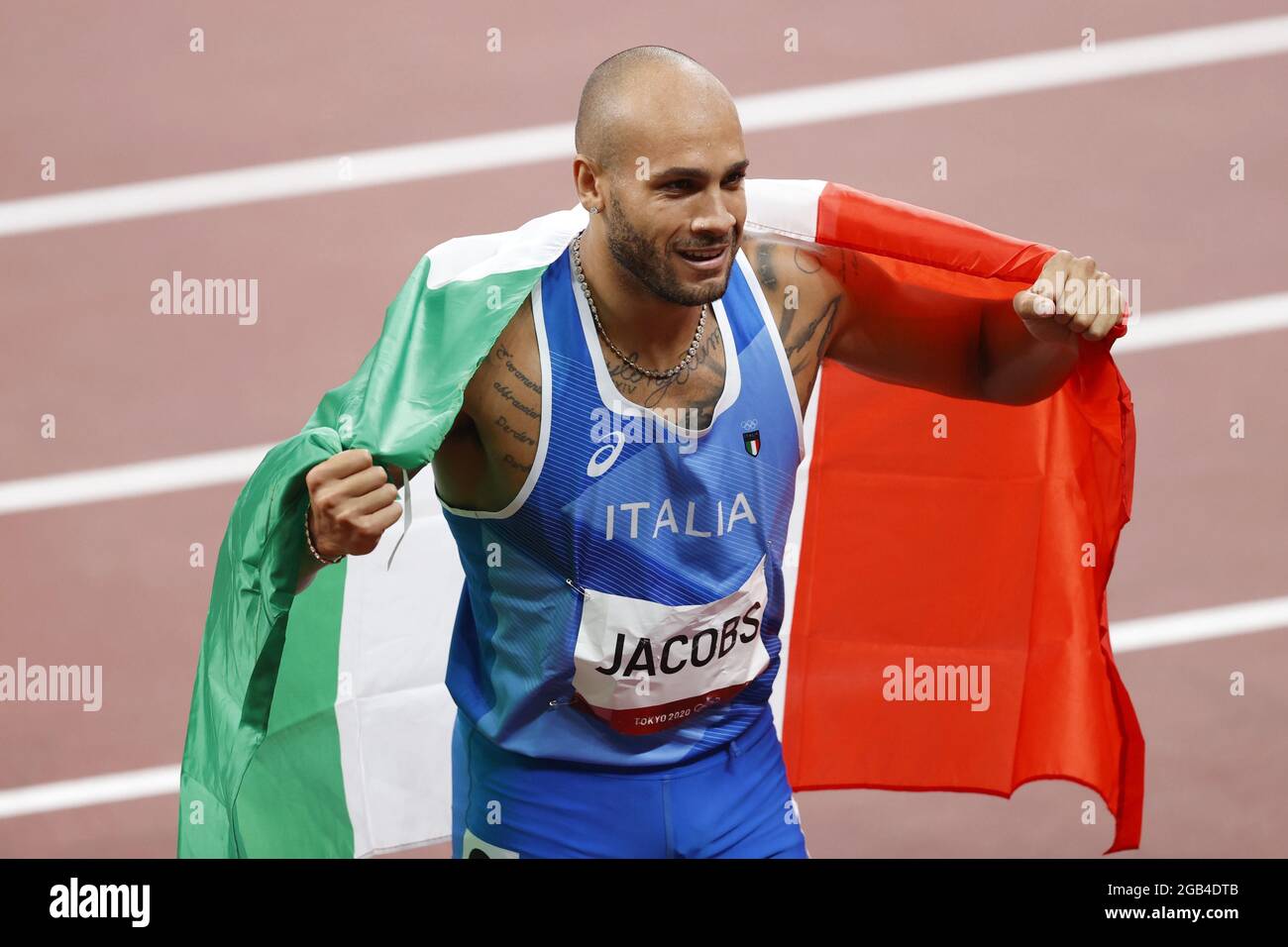 JACOBS Lamont Marcell (ITA) Medaglia d'oro durante i Giochi Olimpici Tokyo 2020, Atletica maschile 100m finale il 1 agosto 2021 allo Stadio Olimpico di Tokyo, Giappone - Foto Kishimoto / DPPI Foto Stock