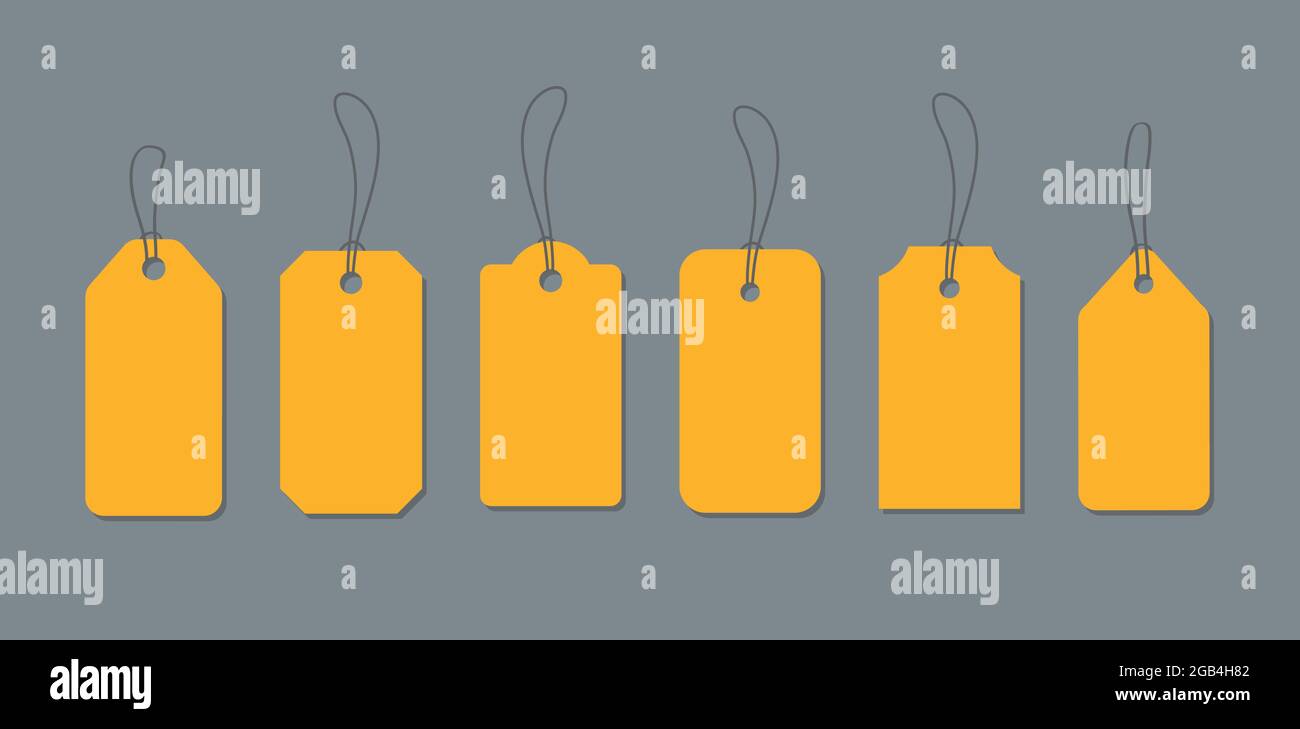 Etichette di prezzo gialle appese. Può essere utilizzato per vendite e promozioni. Illustrazione Vettoriale