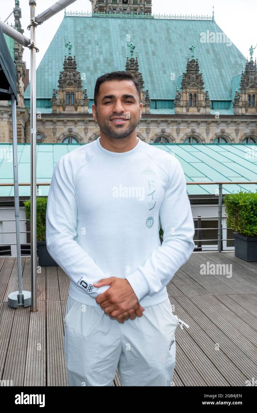 Schwergewichtsboxer Ammar Riad Abduljabbar, SV Polizei, Bester deutscher Boxer bei Olympia, 5. Platz, Handeslkammer Hamburg, Adolphsplatz 1, Dachterra Foto Stock