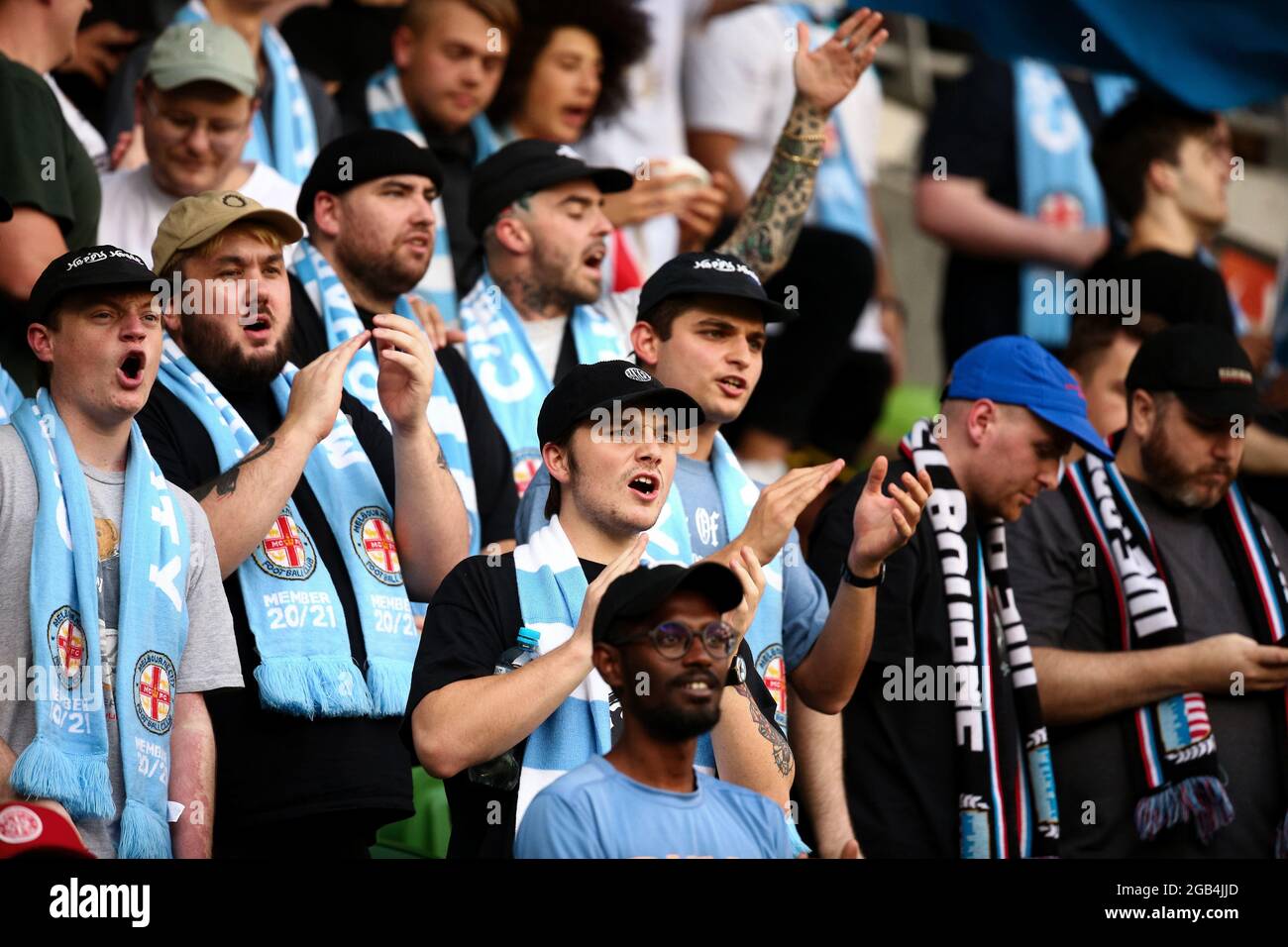 Melbourne, Australia, 1 aprile 2021. : emozioni che corrono in alto con i tifosi di Melbourne City durante la partita di calcio Hyundai A-League tra il Western United FC e il Melbourne City FC. Credit: Dave Hewison/Speed Media/Alamy Live News Foto Stock