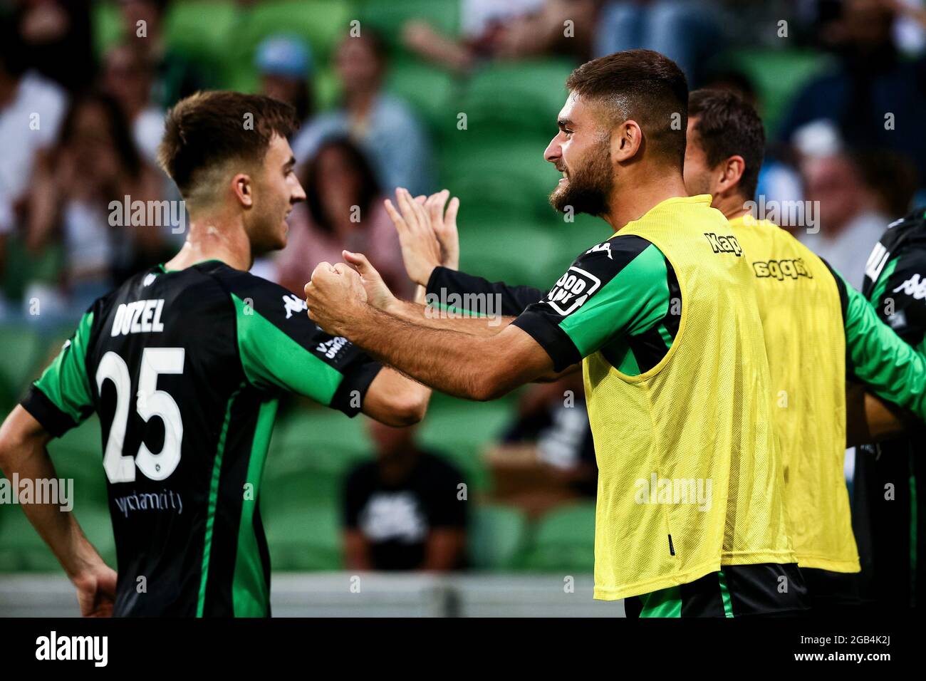 Melbourne, Australia, 1 aprile 2021. Western United festeggia dopo aver segnato un gol durante la partita di calcio Hyundai A-League tra il Western United FC e il Melbourne City FC. Credit: Dave Hewison/Speed Media/Alamy Live News Foto Stock
