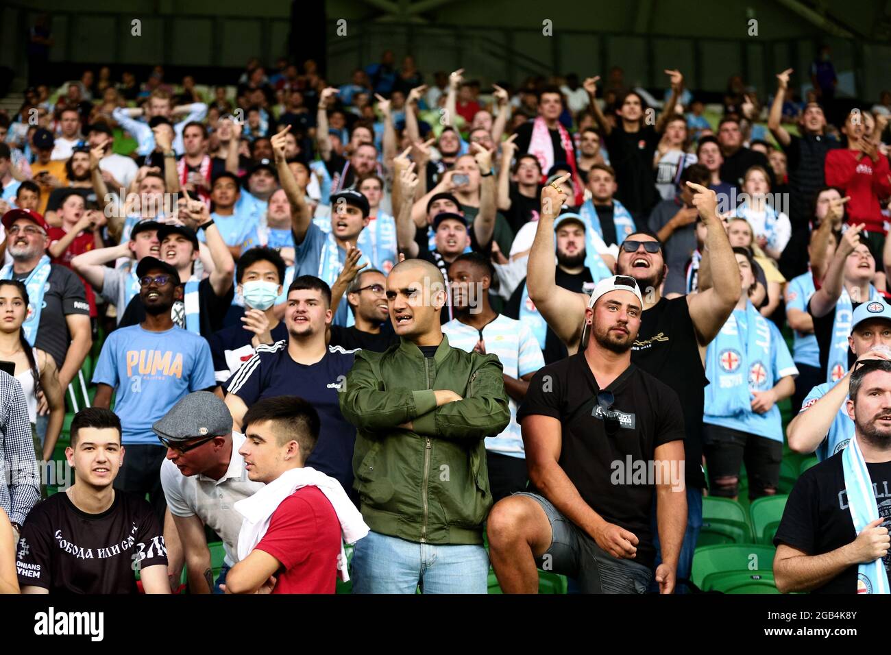 Melbourne, Australia, 1 aprile 2021. : i fan di Melbourne City si emozionano durante la partita di calcio Hyundai A-League tra il Western United FC e il Melbourne City FC. Credit: Dave Hewison/Speed Media/Alamy Live News Foto Stock