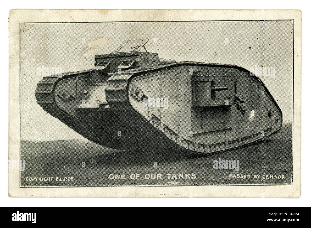 Originale cartolina WW1 era, di un primo carro armato, 'uno dei nostri carri', Mark 1V Tank, pubblicato da E.L.P. Co. East London Publishing Company, pubblicato il 19 dicembre 1917, Regno Unito Foto Stock