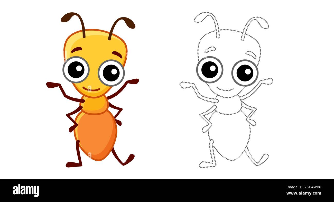 Coloring Insect per bambini libro da colorare. Funny ANT in stile cartone animato. Tracciare i punti e colorare l'immagine Illustrazione Vettoriale