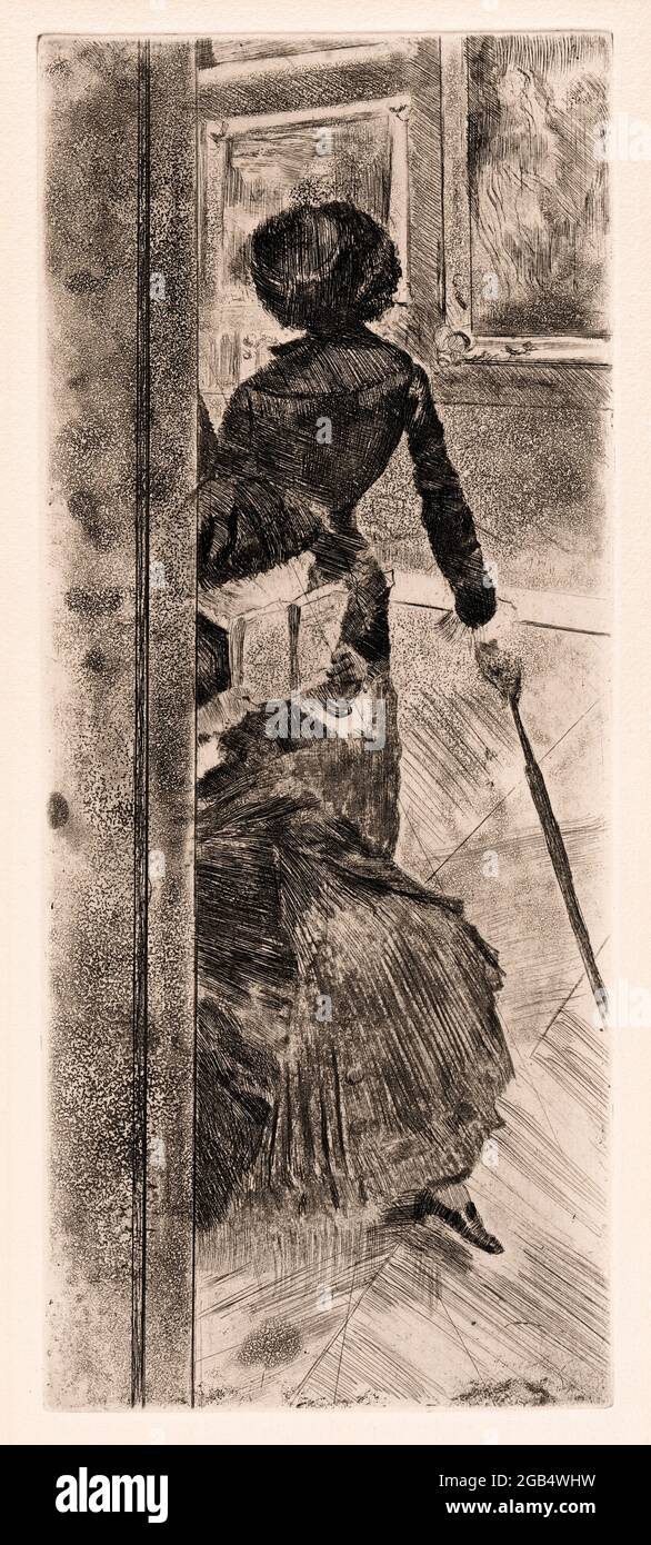 Mary Cassatt al Louvre: Galleria dei dipinti, stampa a secco e acquatinta di Edgar Degas, 1879-1880 Foto Stock