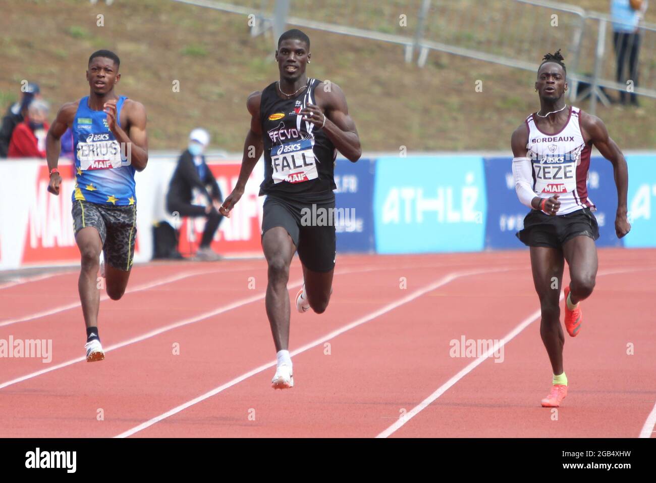 ERIUS Jeff , FALL Mouhamadou e ZEZE Ryan finale 200 m Mens durante i campionati francesi di atletica 2021 il 25 giugno 2021 allo stadio Josette et Roger Mikulak ad Angers, Francia - Foto Laurent Lairys / DPPI Foto Stock