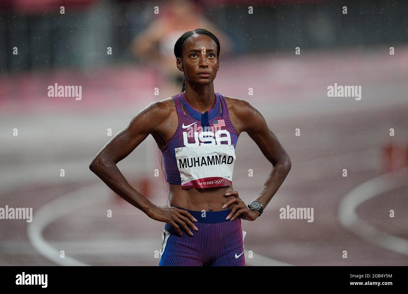 2 agosto 2021: Dalilah Muhammad durante 400 metri di ostacoli per le donne alle Olimpiadi di Tokyo, Tokyo Olympic Stadium, Tokyo, Giappone}. Prezzo Kim/CSM Foto Stock