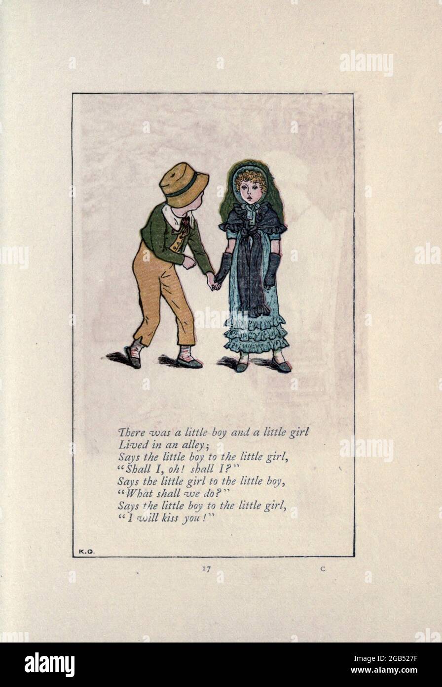 C'era un ragazzino e una bambina / vissuto in un vicolo , / dice il ragazzino alla bambina, / 'Shall /, OH! Devo?" / dice la bambina al ragazzino: "Che cosa dobbiamo fare?" / dice il ragazzino alla bambina, / ti bacierò // dal libro Mother Goose : o, le vecchie rime nursery di Kate Greenaway, incise e stampate da Edmund Evans pubblicato nel 1881 da George Routledge e Sons London nad New York Foto Stock