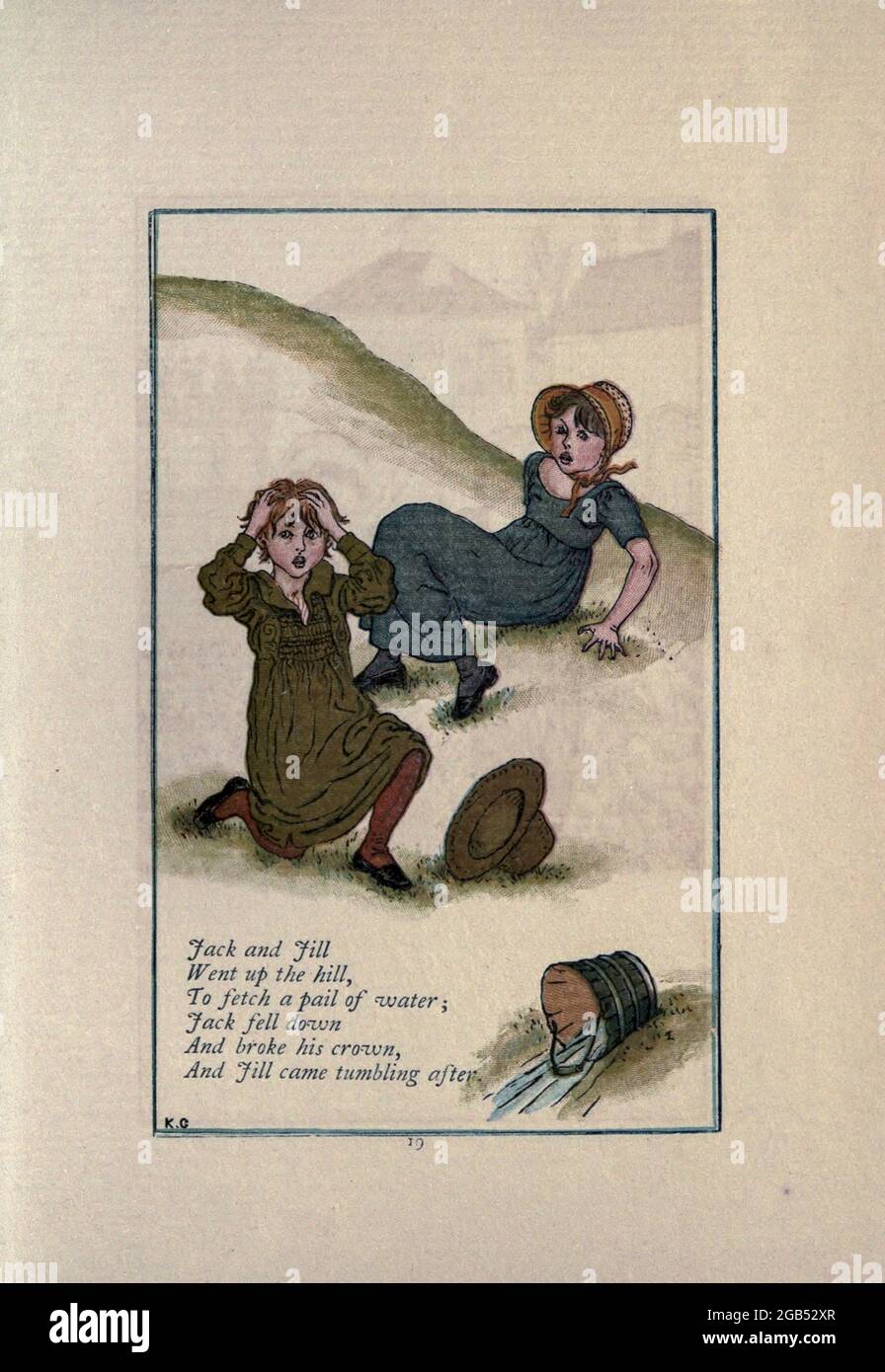 Jack e Jill / salirono sulla collina / per recuperare un secchio d'acqua / Jack cadde giù e ruppe la sua corona / e Jill venne a cadere dopo. Dal libro Mother Goose : Oppure, le vecchie filastrocche nurseriche di Kate Greenaway, incise e stampate da Edmund Evans pubblicato nel 1881 da George Routledge e Sons London nad New York Foto Stock