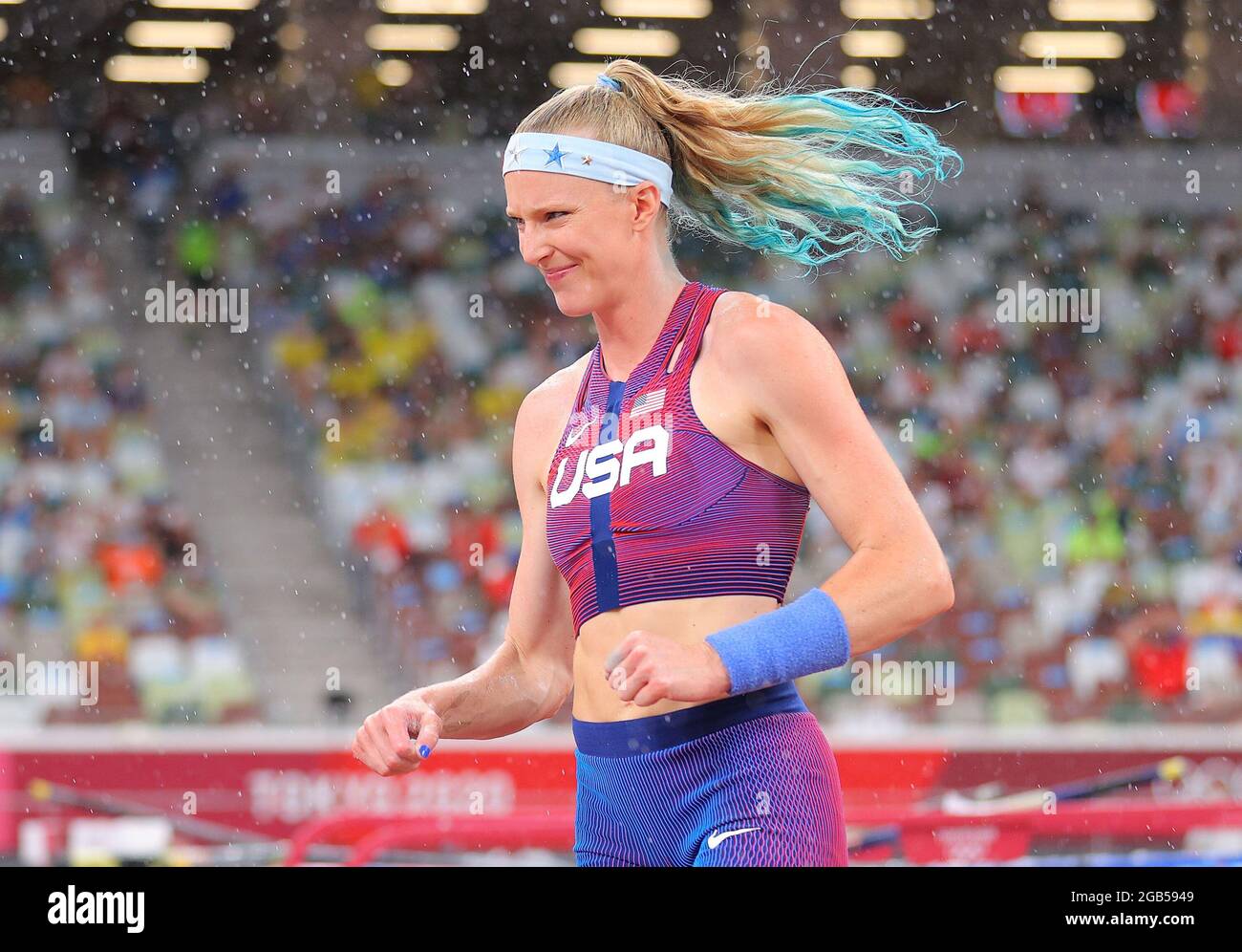 Tokyo, Giappone. 2 agosto 2021. Sandi Morris degli Stati Uniti reagisce durante la qualificazione delle donne alla pole vault ai Giochi Olimpici di Tokyo 2020, a Tokyo, Giappone, 2 agosto 2021. Credit: Li Ming/Xinhua/Alamy Live News Foto Stock