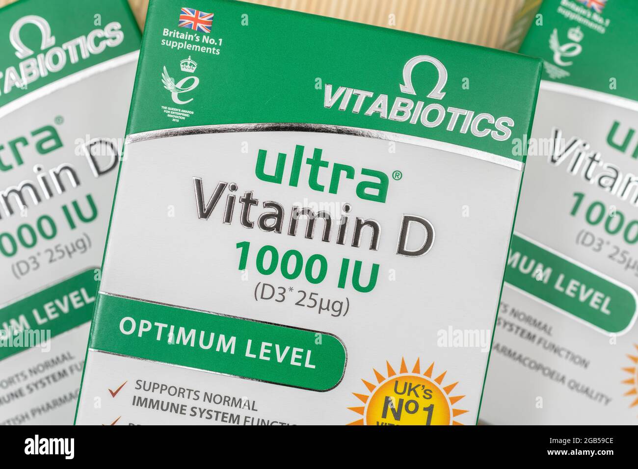 Confezione di Vitabiotici Vitamina D 3 compresse. Chiamata la Vit Sunshine. D è importante nella dieta e nella mancanza grave di luce solare (blocco?) può causare carenza Foto Stock