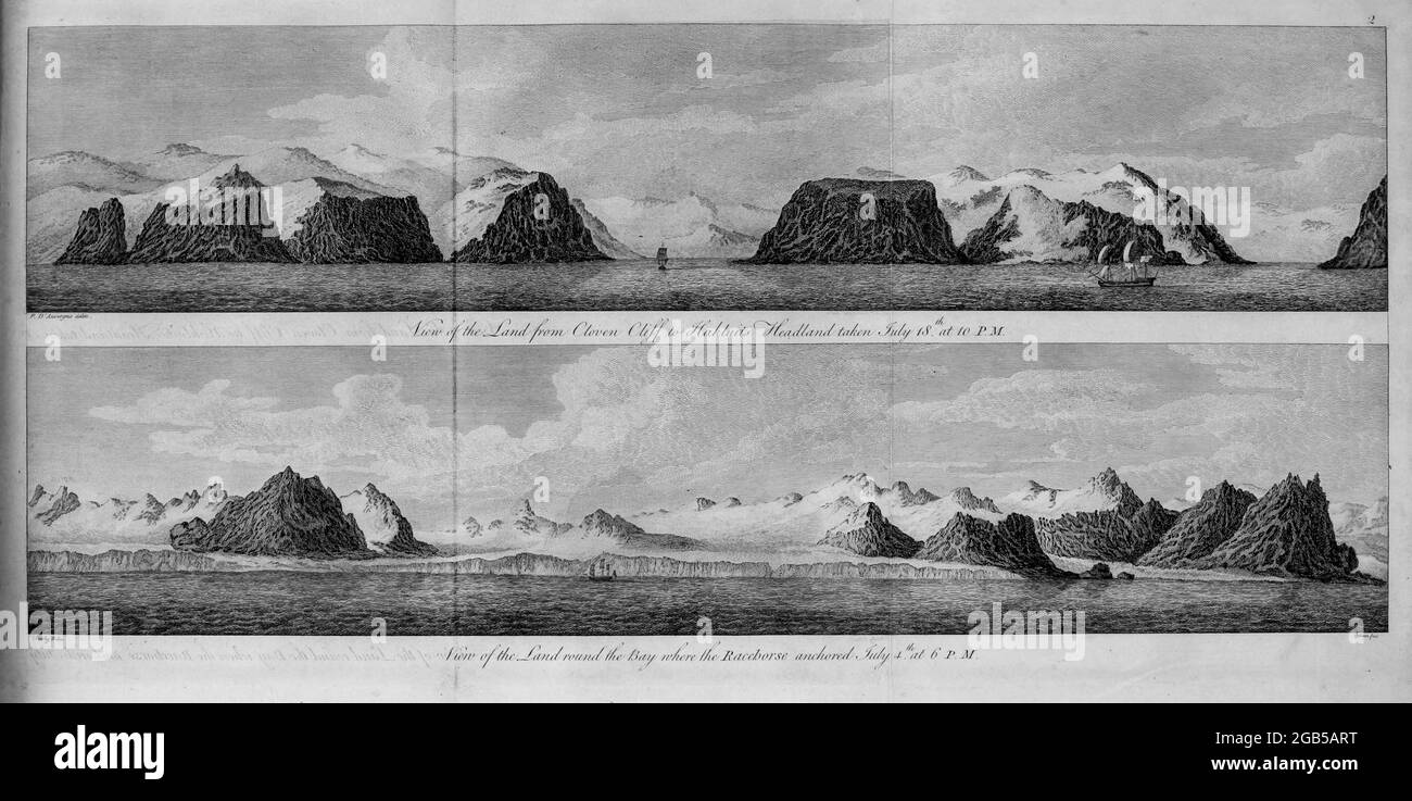 Paesaggio della regione polare dal libro ' UN viaggio verso il Polo Nord : intrapreso dal comando di sua Maestà, 1773 ' da Costantino John Phipps, Baron Mulgrave, 1744-1792; La spedizione di Phipps del 1773 verso il Polo Nord era una spedizione della Royal Navy britannica in cui due navi sotto il comando di Costantino John Phipps come capitano della HMS Racehorse [un 18-cannone nave-rigged slop della Royal Navy.] e Skeffington Lutwedge come capitano della carcassa di HMS [una bomba Vessel of the Royal Navy], salpò verso il Polo Nord nell'estate del 1773 e si impantanò nel ghiaccio vicino a Svalbard. Un giovane Foto Stock