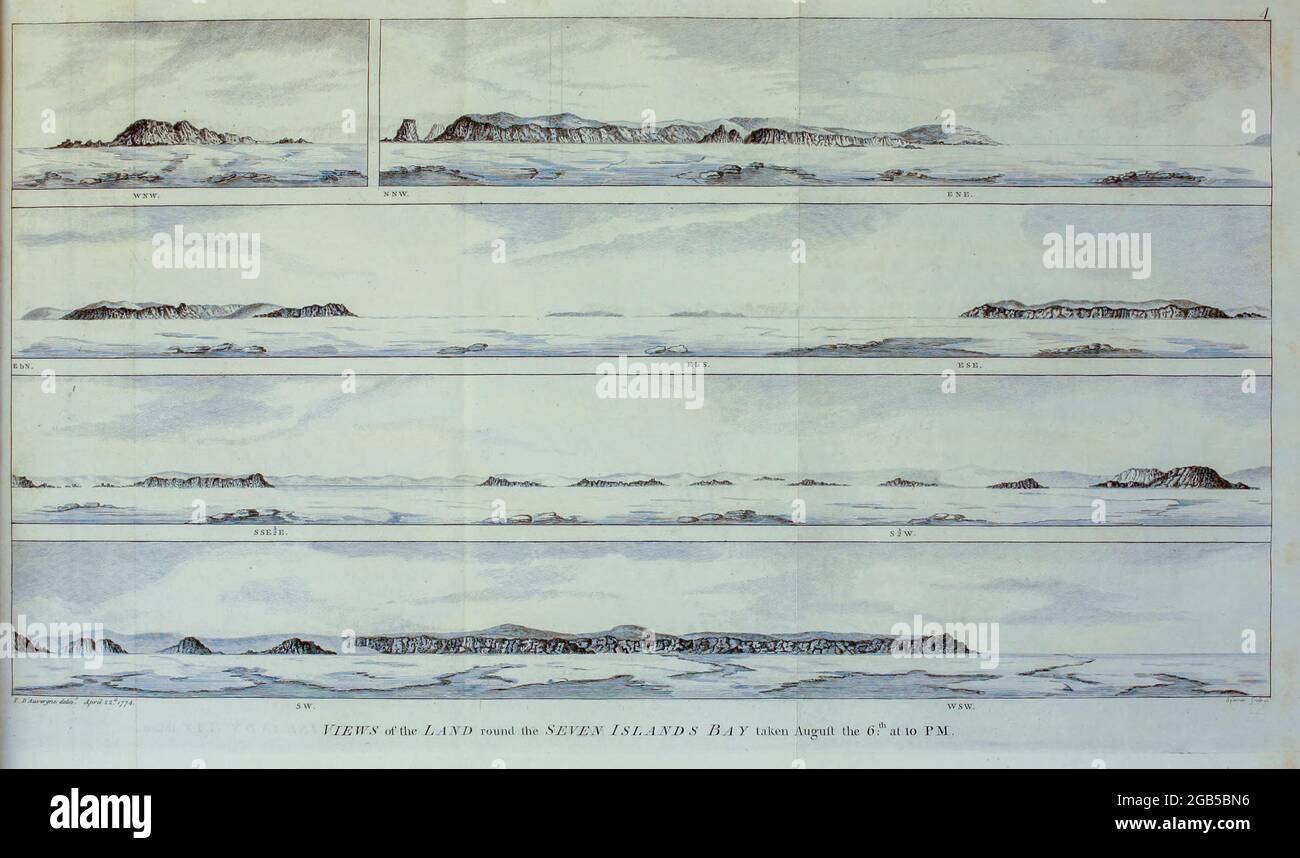 Paesaggio della regione polare dal libro ' UN viaggio verso il Polo Nord : intrapreso dal comando di sua Maestà, 1773 ' da Costantino John Phipps, Baron Mulgrave, 1744-1792; La spedizione di Phipps del 1773 verso il Polo Nord era una spedizione della Royal Navy britannica in cui due navi sotto il comando di Costantino John Phipps come capitano della HMS Racehorse [un 18-cannone nave-rigged slop della Royal Navy.] e Skeffington Lutwedge come capitano della carcassa di HMS [una bomba Vessel of the Royal Navy], salpò verso il Polo Nord nell'estate del 1773 e si impantanò nel ghiaccio vicino a Svalbard. Un giovane Foto Stock