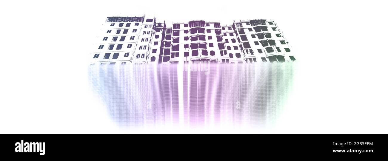 Stampa multicolore di un edificio residenziale a più piani in costruzione e di una gru di costruzione su sfondo bianco Foto Stock