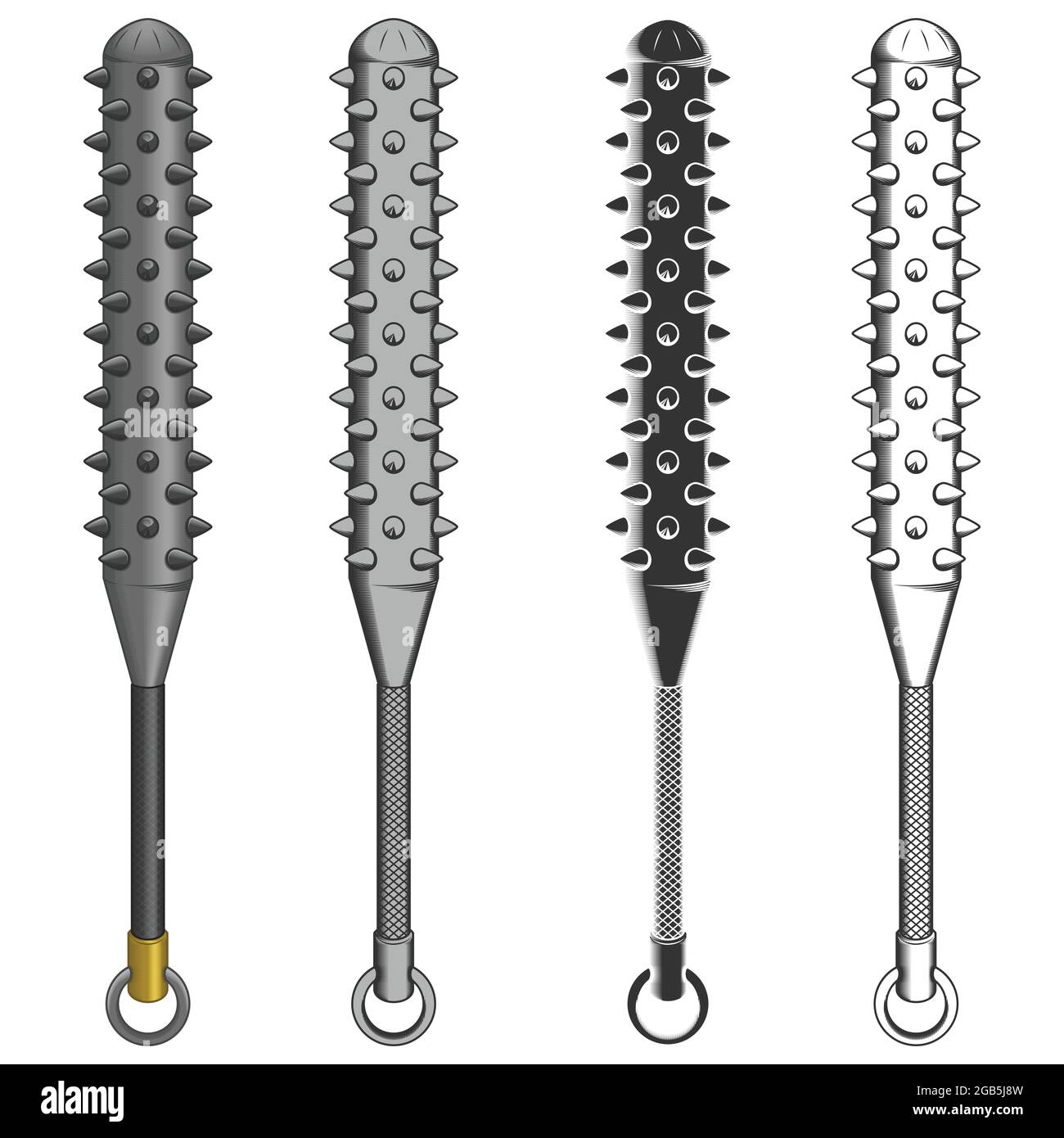 Kanabo giapponese armi disegno vettoriale, Kanabo giapponese staff in stili diversi, Kanabo scala di grigi Illustrazione Vettoriale