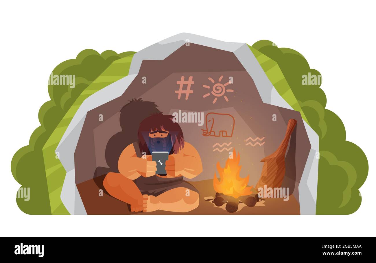 Pietra età primitivo uomo che tiene il telefono cellulare moderna tecnologia illustrazione vettoriale. Cartoon selvaggio preistorico caveman personaggio seduto in grotta con telefono, evoluzione progresso isolato su bianco Illustrazione Vettoriale