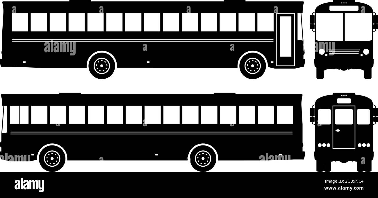 Silhouette dell'autobus su sfondo bianco. Le icone del veicolo consentono di impostare la vista laterale, anteriore e posteriore Illustrazione Vettoriale