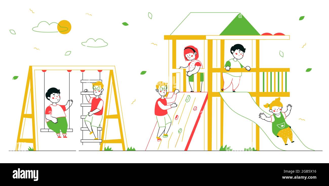 Bambini sul parco giochi - banner colorato in design piatto e elementi di linea. Personaggi cartoni animati. Felici i ragazzi e le ragazze che giocano, divertendosi, esercitandosi. O Illustrazione Vettoriale