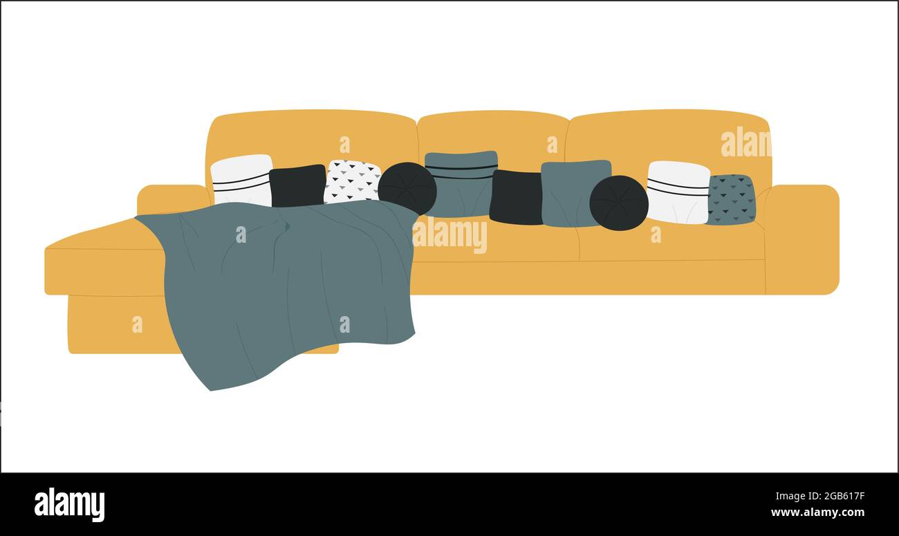 Divano divano divano moderno divano divano divano, arredamento interno di casa appartamento illustrazione vettoriale. Divano giallo cartoon con coperta e cuscini, arredamento del soggiorno isolato su bianco Illustrazione Vettoriale
