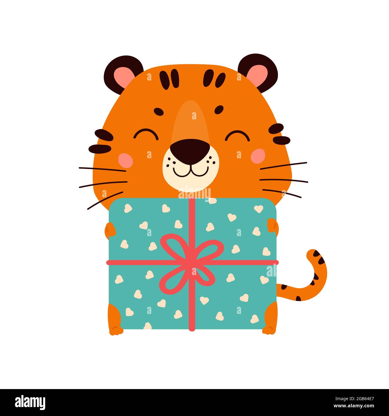 Carino tigre cartoon con un regalo. Illustrazione Vettoriale