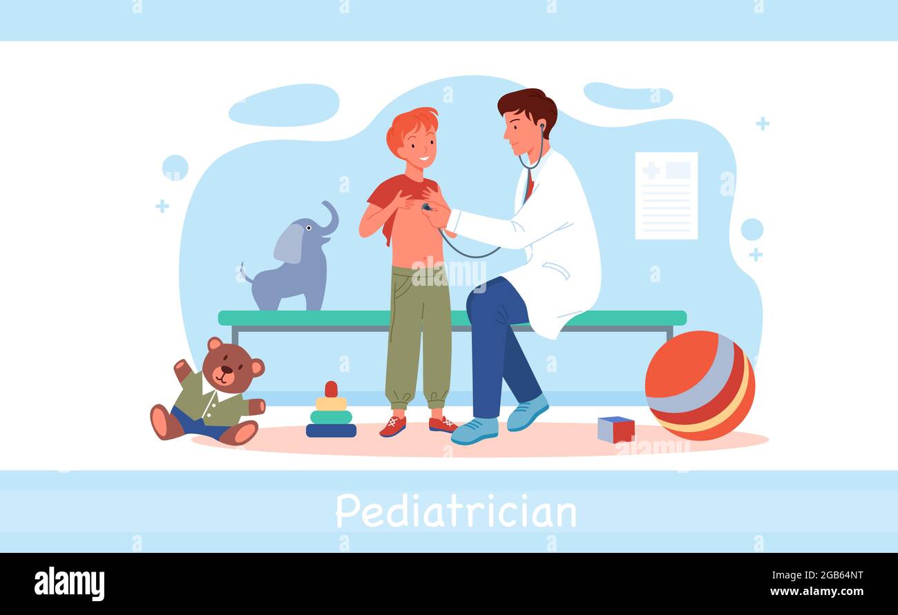 Cartone animato pediatra uomo carattere facendo esame medico del bambino ragazzo con stetoscopio, medicina sanitaria isolato su bianco. Visita dei bambini Illustrazione Vettoriale