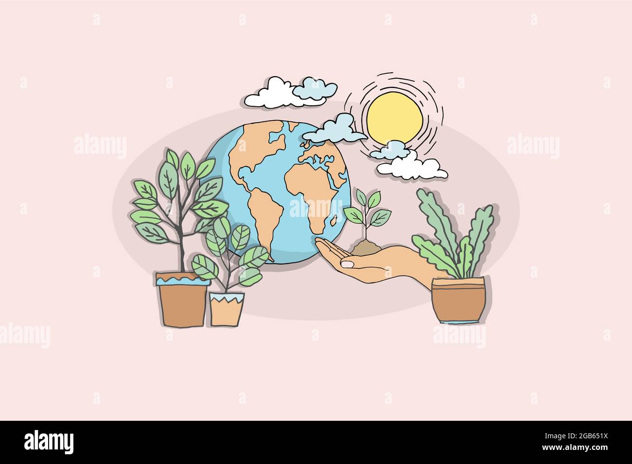 Eco Cartoon pianeta Terra la mano cura germogli di piante. Sicurezza ambientale tecnologia sostenibile energia rinnovabile. Problema di protezione della natura prelievo di carta Illustrazione Vettoriale