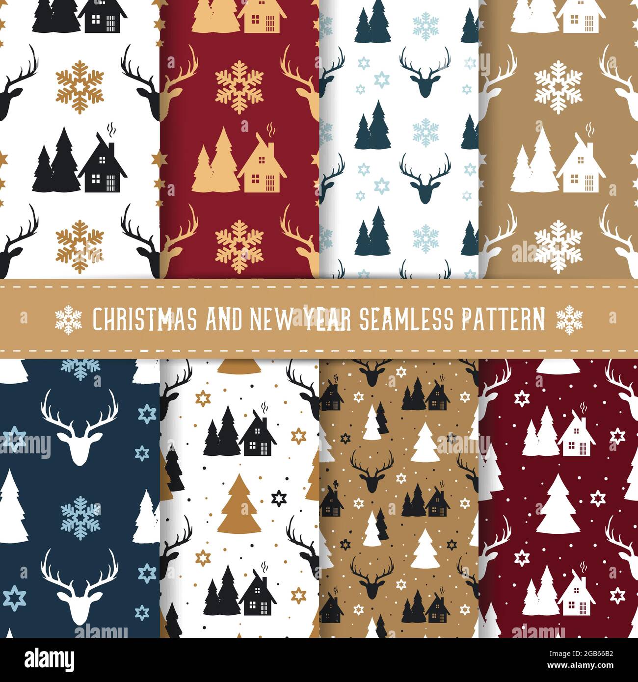 Set di motivi senza cuciture per Natale e Capodanno. Stile scandinavo. Illustrazione vettoriale. Illustrazione Vettoriale