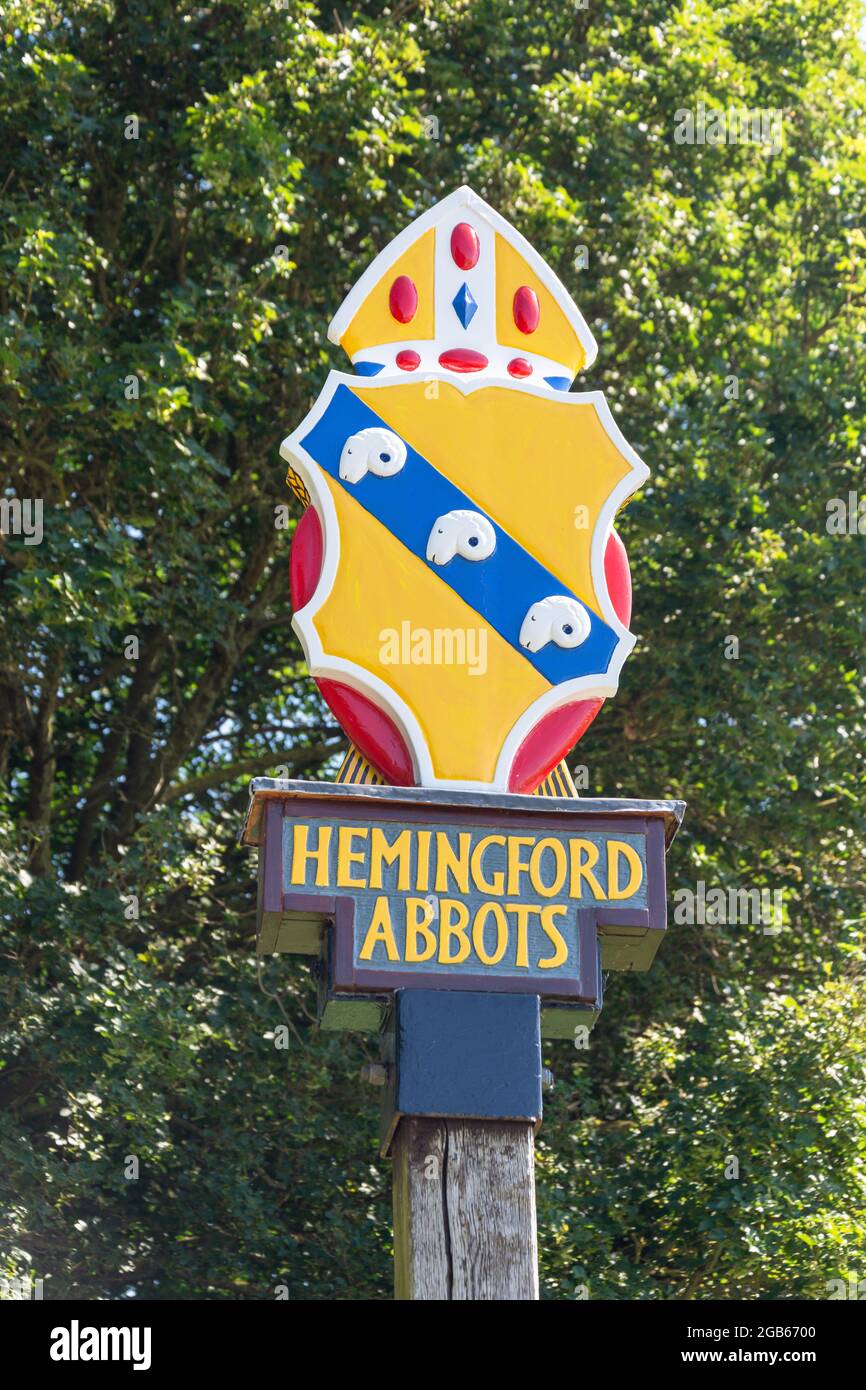 Village Sign, Hemingford Abbots, Cambridgeshire, Inghilterra, Regno Unito Foto Stock