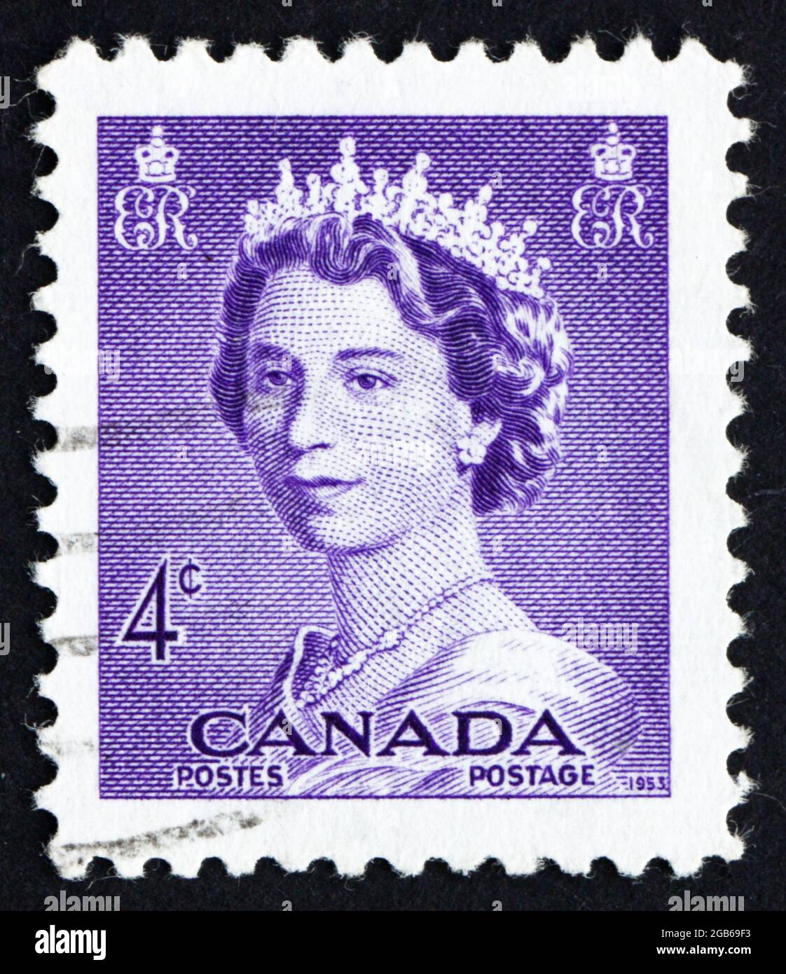 CANADA - CIRCA 1953: Un francobollo stampato in Canada mostra la Regina Elisabetta II, Regina d'Inghilterra, circa 1953 Foto Stock