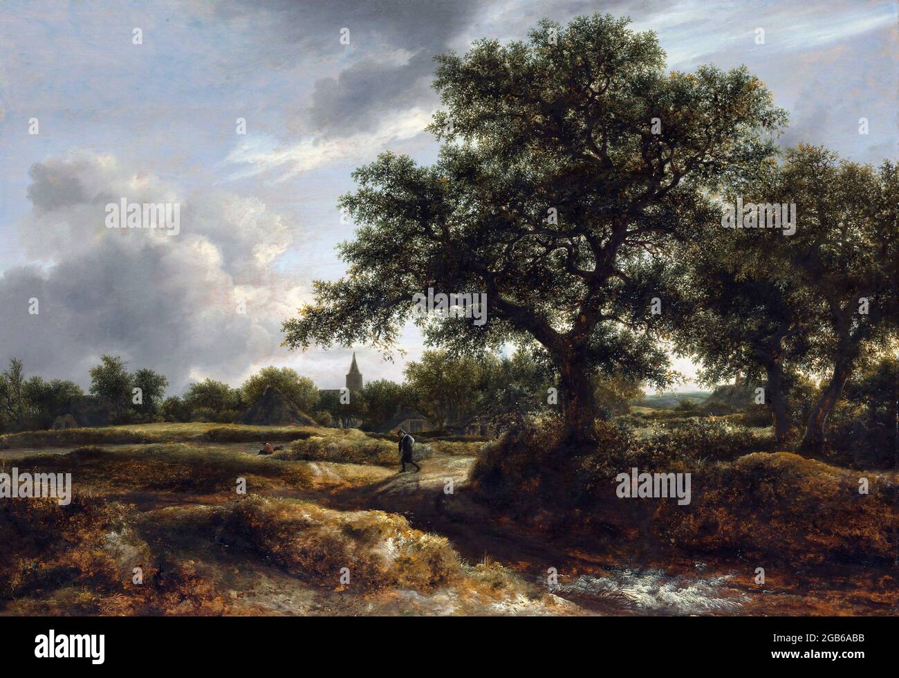 Jacob van Ruisdael. Dipinto dal titolo 'Paesaggio con un villaggio in lontananza' del pittore olandese dell'Età dell'Oro, Jacob Isaackszoon van Ruisdael (c. 1629- 1682), olio su legno, 1646 Foto Stock