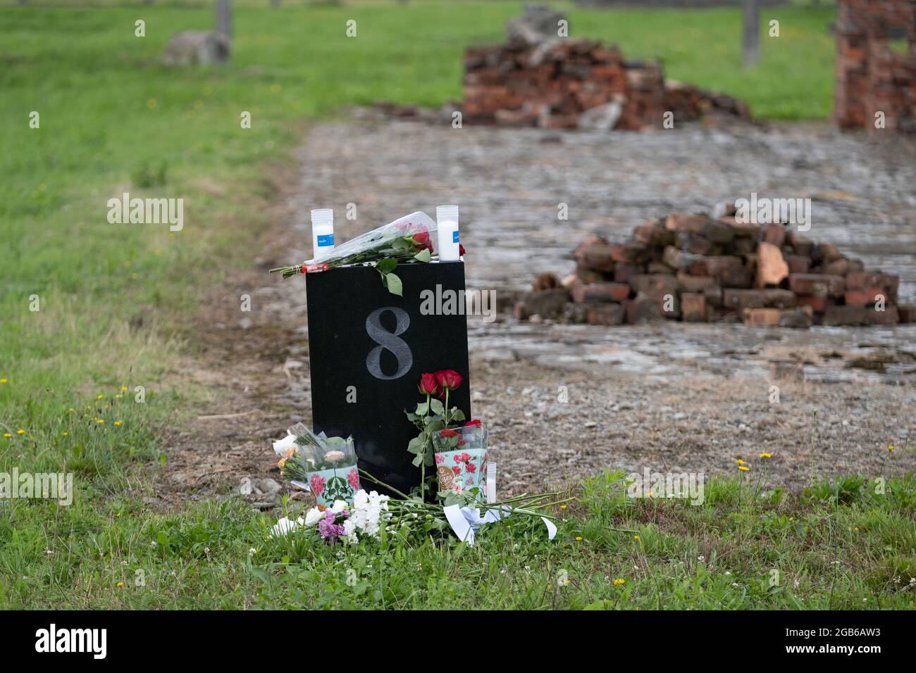 Brzezinka, Polonia. 02 agosto 2021. Fiori e candele visti vicino alle baracche rubli all'ex campo Auschwitz II Birkenau.Roma e Sinti Genocide Remembrance Day. 77 anni fa, nella notte dal 2 al 3 agosto 1944, i tedeschi hanno liquidato il campo per gli zingari (Zigeunerfamilienlager) a KL Auschwitz II Birkenau. L'anniversario è stato organizzato presso l'ex campo Auschwitz II-Birkenau. Credit: SOPA Images Limited/Alamy Live News Foto Stock