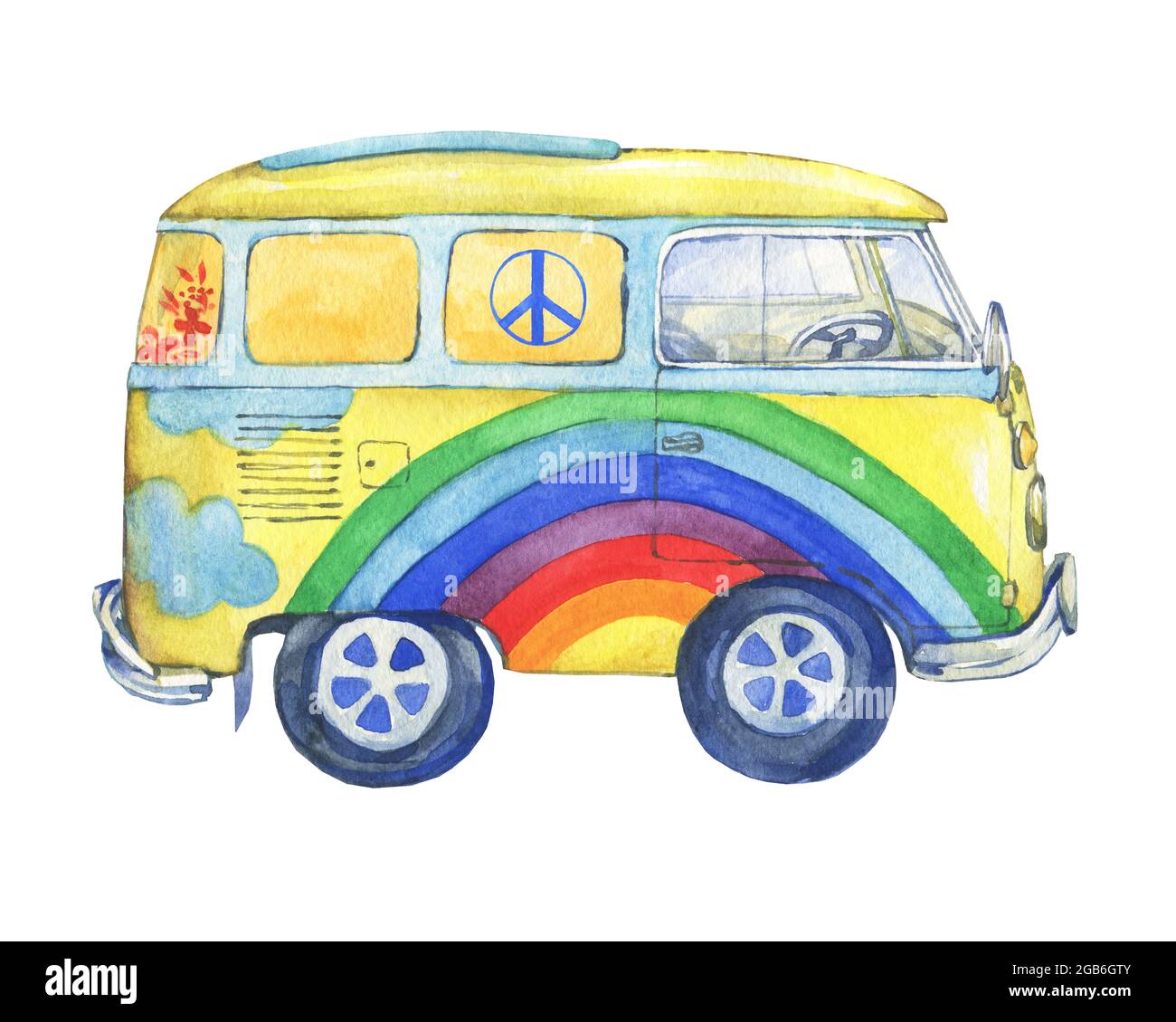 Hippie сamper autobus giallo vecchio stile dipinto in colori arcobaleno. Acquerello dipinto a mano illustrazione, isolato su sfondo bianco. Foto Stock