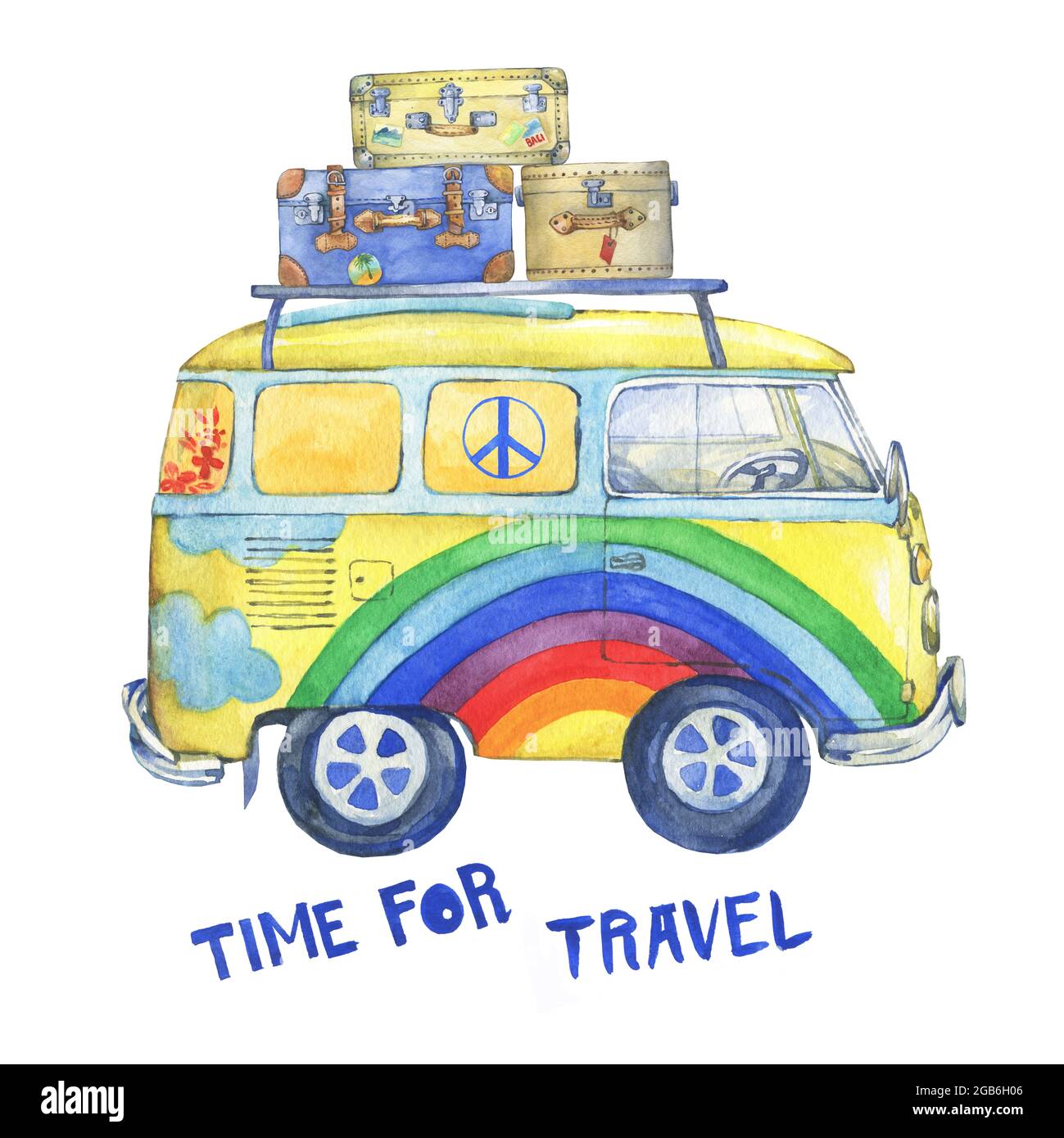 Hippie сamper autobus giallo vecchio stile con valigie, dipinto in colori arcobaleno. Illustrazione della pittura ad acquerello, isolata su sfondo bianco. Foto Stock