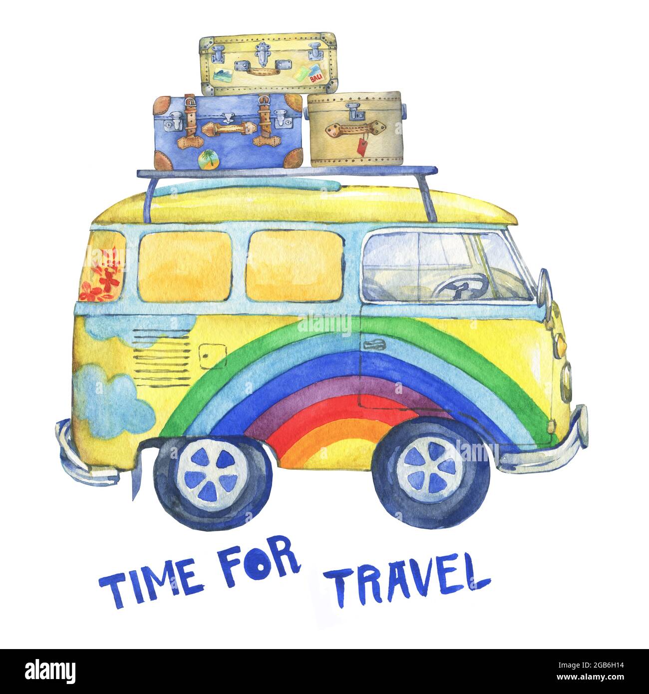 Hippie сamper autobus giallo vecchio stile con valigie, dipinto in colori arcobaleno. Illustrazione della pittura ad acquerello, isolata su sfondo bianco. Foto Stock