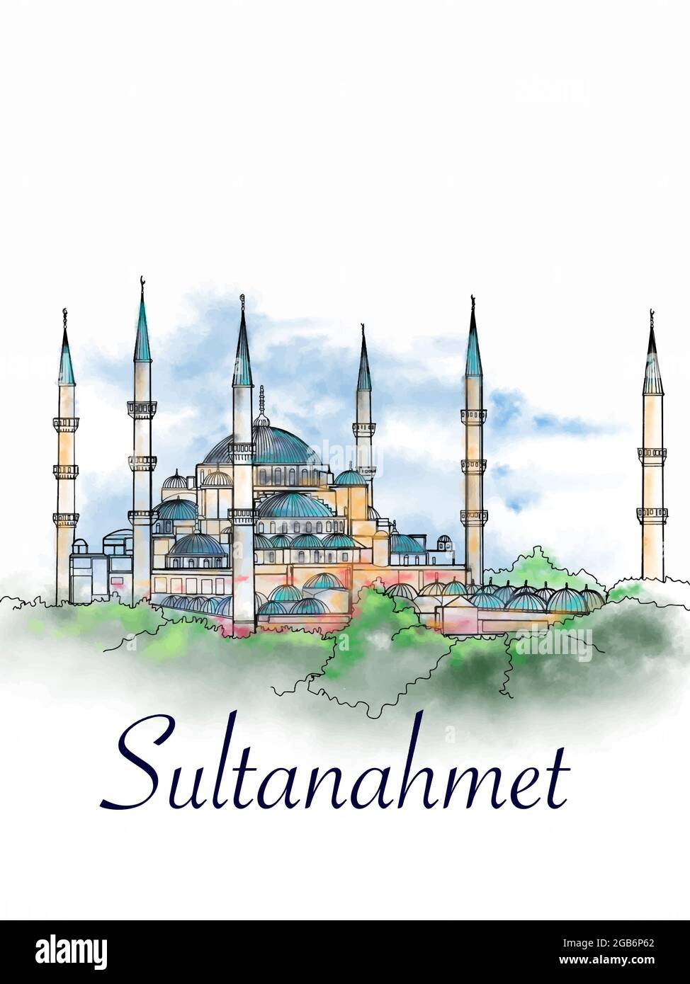 Moschea Blu Sultanahmet camii Turchia Istanbul illustrazione acquerello Foto Stock