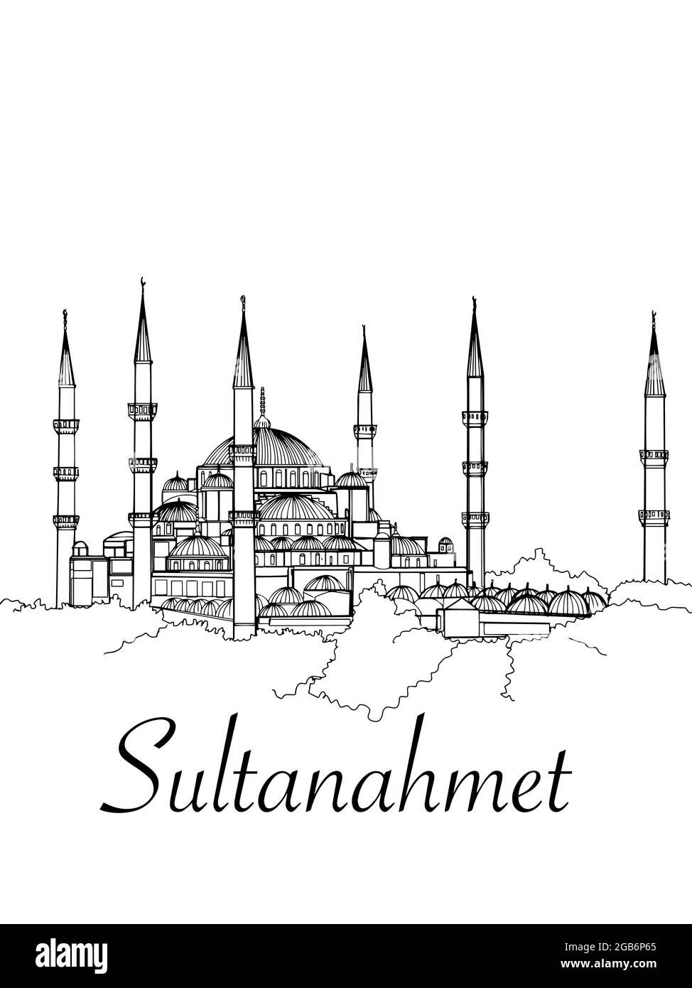 Moschea Blu Sultanahmet camii Turchia Istanbul illustrazione, disegno di linea Foto Stock