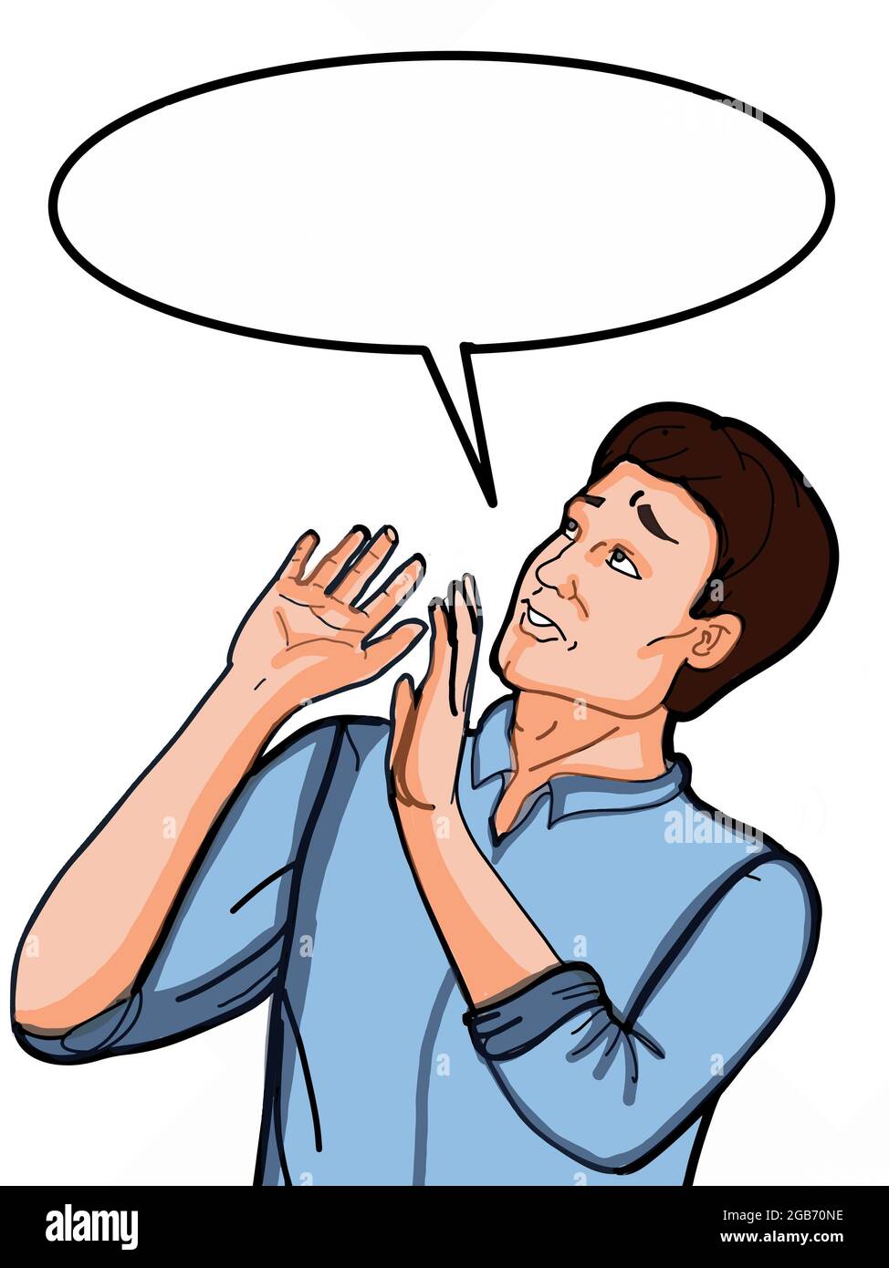 cartone animato,arte pop, uomo che guarda in su , illustrazione preoccupata ,bolla di discorso, Foto Stock