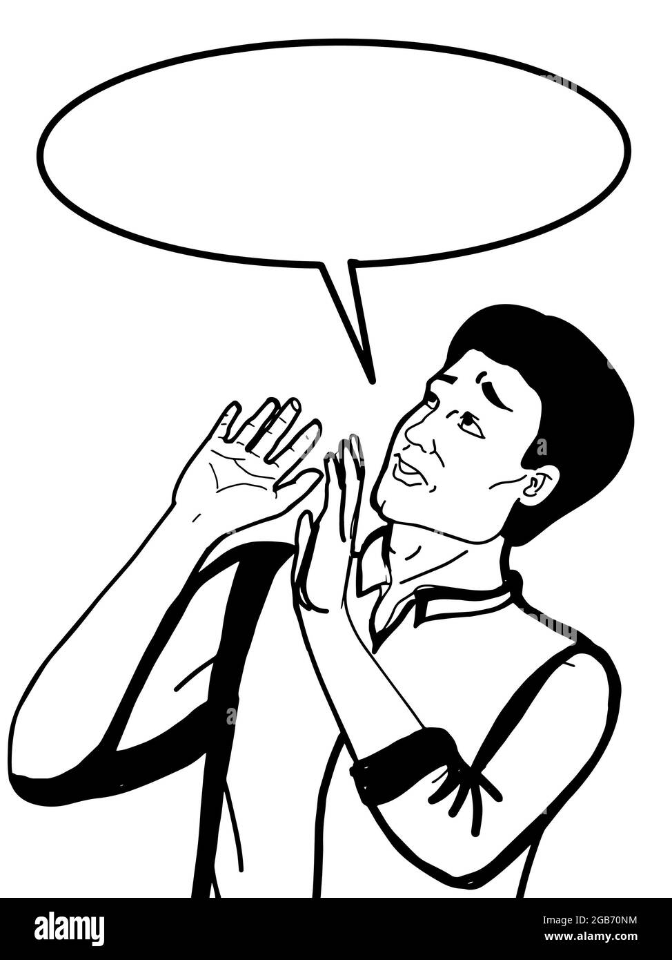 cartoon,pop art, uomo in cerca, illustrazione preoccupata, fumetto vocale, bianco nero colori Foto Stock