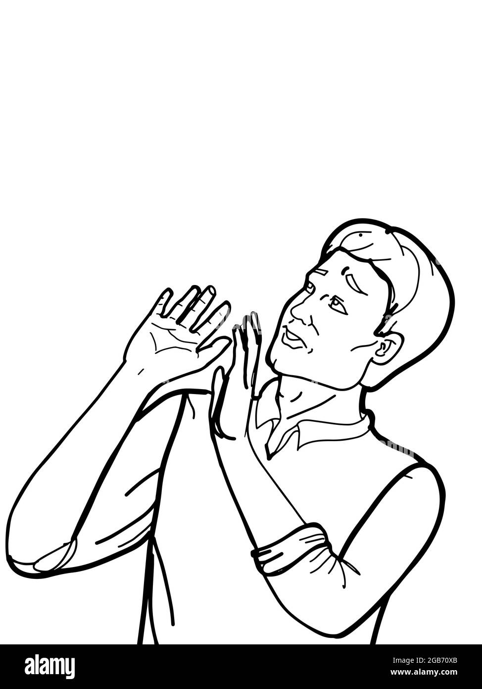 cartoon,pop art, donna che guarda in su, illustrazione preoccupata, bolla di discorso, sfondo blu macchia Foto Stock