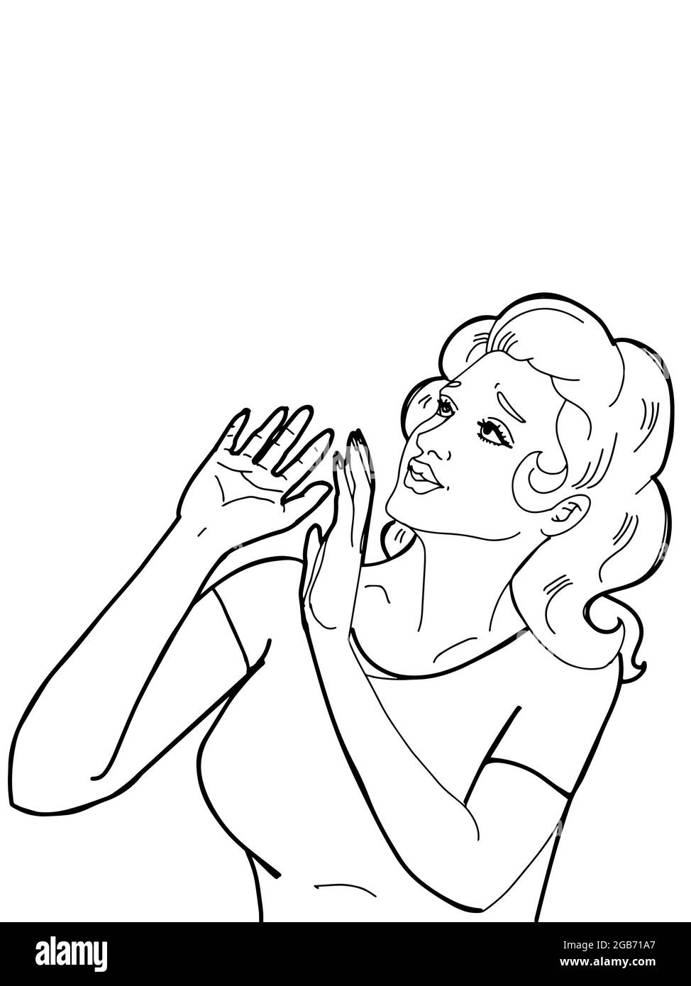 cartoon,pop art, donna che guarda in su, illustrazione preoccupata Foto Stock