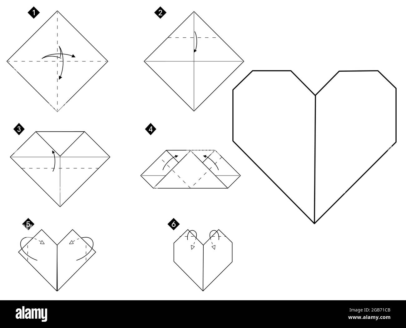 Come fare il cuore origami. Istruzioni fai-da-te in bianco e nero passo dopo passo. Illustrazione vettoriale monocromatica del contorno. Illustrazione Vettoriale