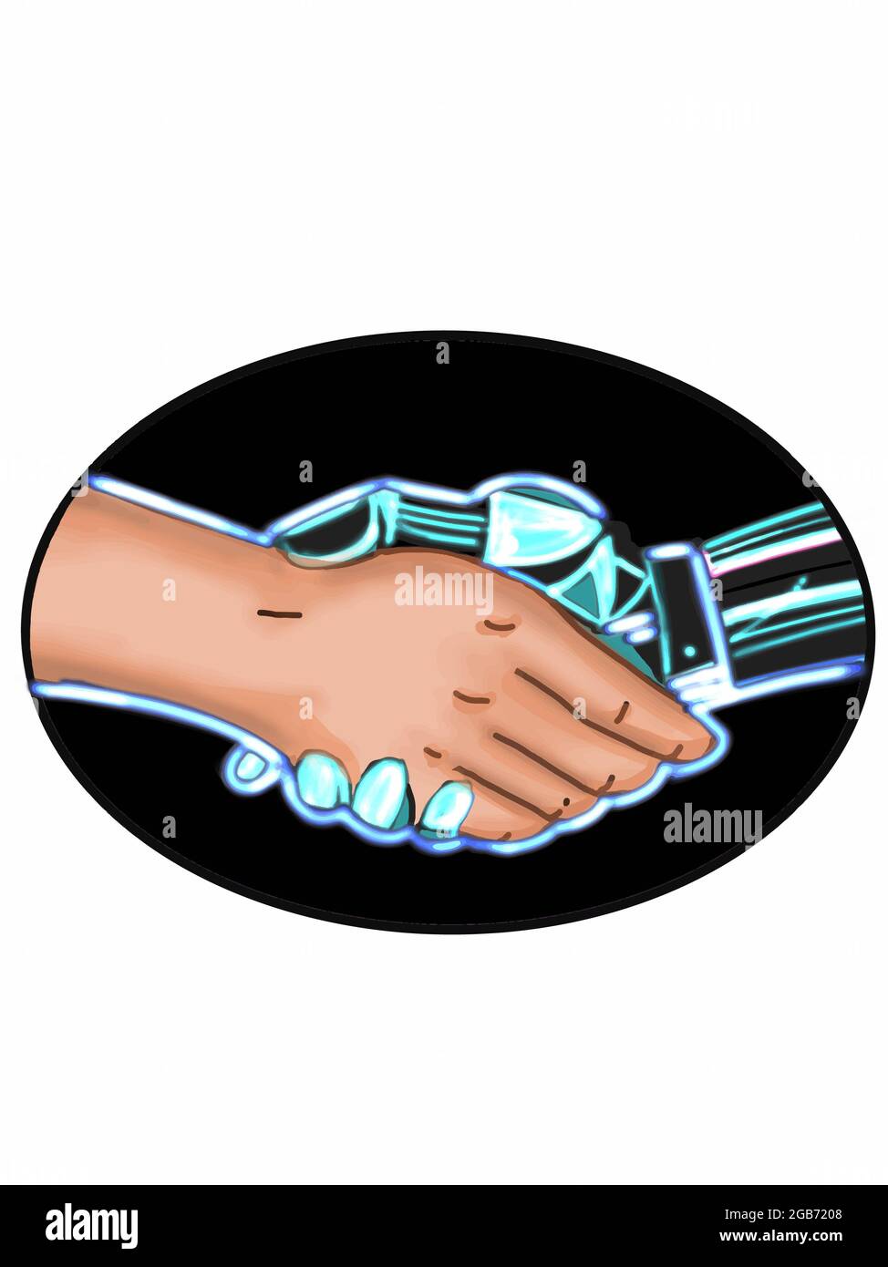 La mano del robot per scuotere le mani con le persone sfondo nero Foto Stock